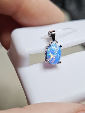 Blue Natural Opal Oval Pendant - Sterling Silver